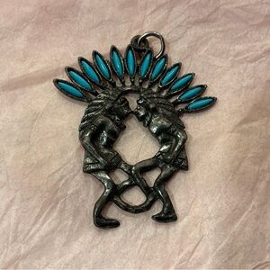 Vintage Silver Tone Metal Western Style Pendant w Faux Turquoise
